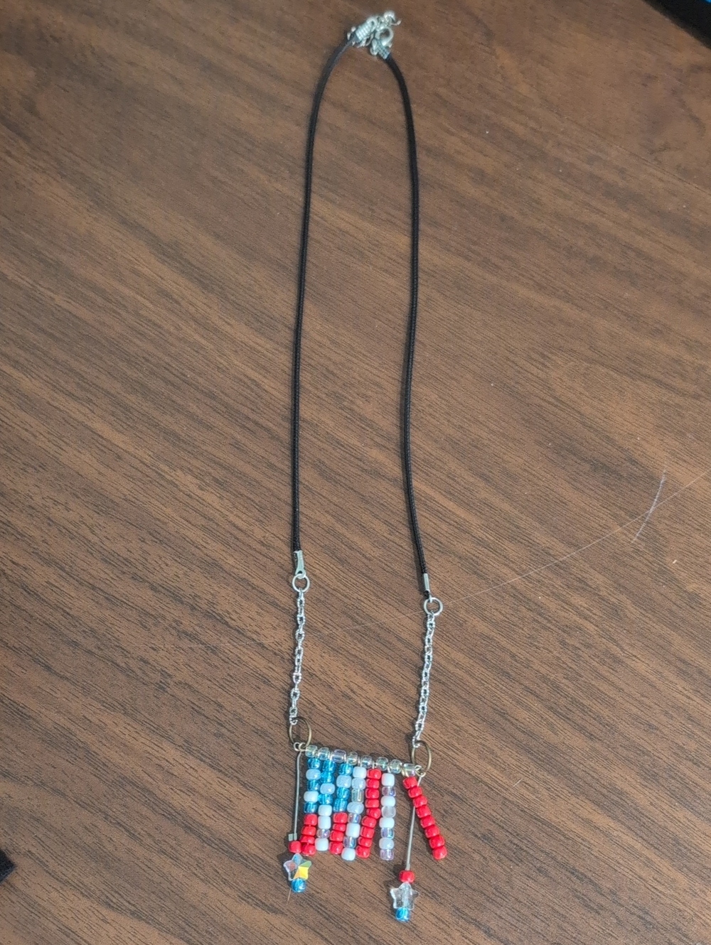 Handmade Beaded Flag Pendant Necklace in Red, Blue & White